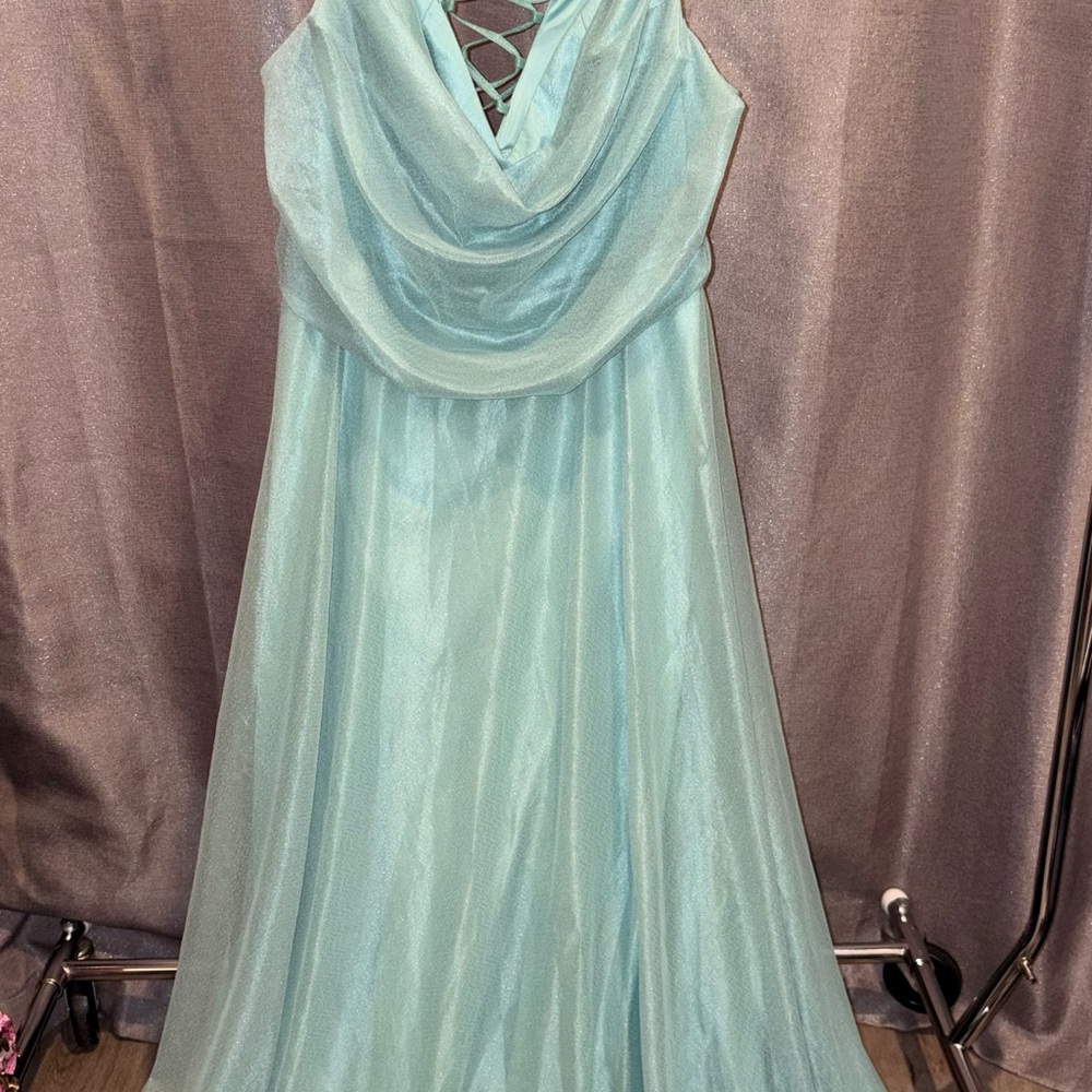 *FAERIESTY Plus Size Collection Light Aqua Cowl Neck Evening Gown